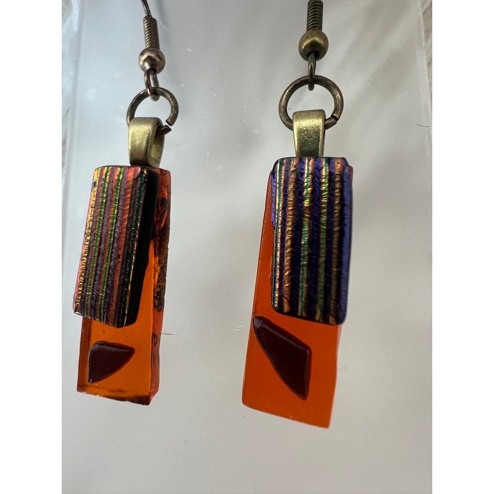 Fused Glass Dangle Earrings Orange Dichroic Geometric Art Glass Artisan Abstract